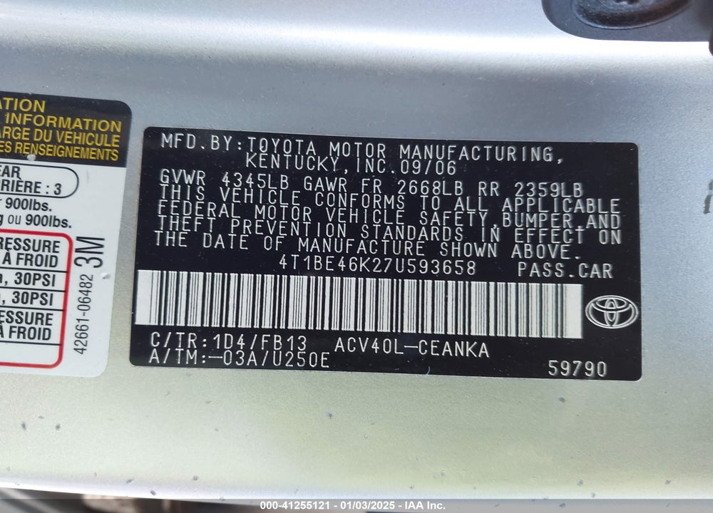 2007 TOYOTA CAMRY LE VIN: 4T1BE46K27U593658