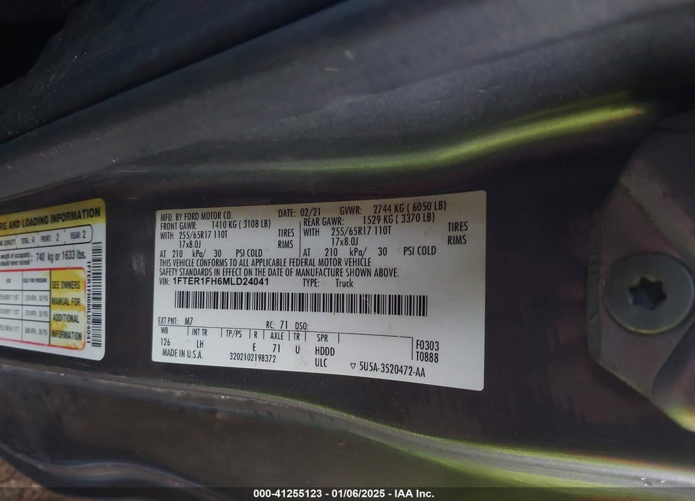 2021 FORD RANGER VIN: 1FTER1FH6MLD24041