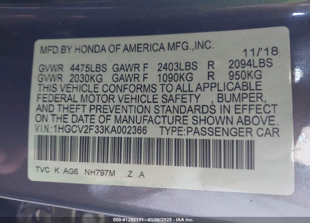 2019 HONDA ACCORD VIN: 1HGCV2F33KA002366