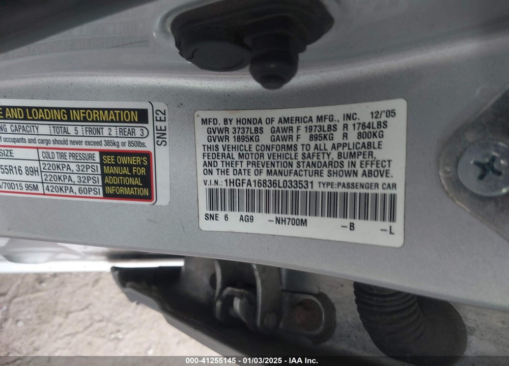 2006 HONDA CIVIC VIN: 1HGFA16836L033531