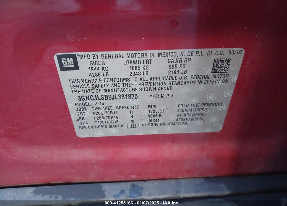 2018 CHEVROLET TRAX LT VIN: 3GNCJLSB9JL331875