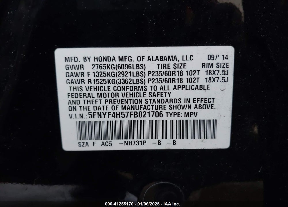 2015 HONDA PILOT VIN: 5FNYF4H57FB021706