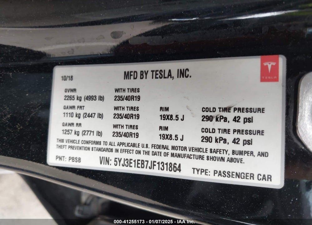 2018 TESLA MODEL 3 LONG RANGE/PERFORMANCE VIN: 5YJ3E1EB7JF131864