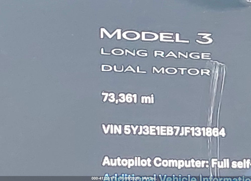 2018 TESLA MODEL 3 LONG RANGE/PERFORMANCE VIN: 5YJ3E1EB7JF131864