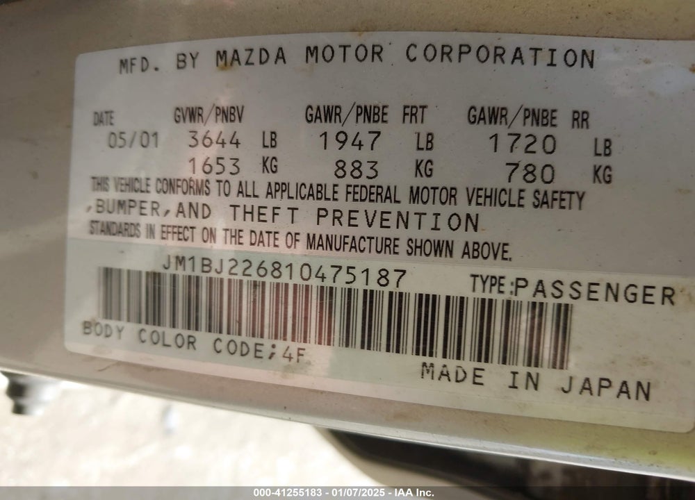 2001 MAZDA PROTEGE ES/LX VIN: JM1BJ226810475187