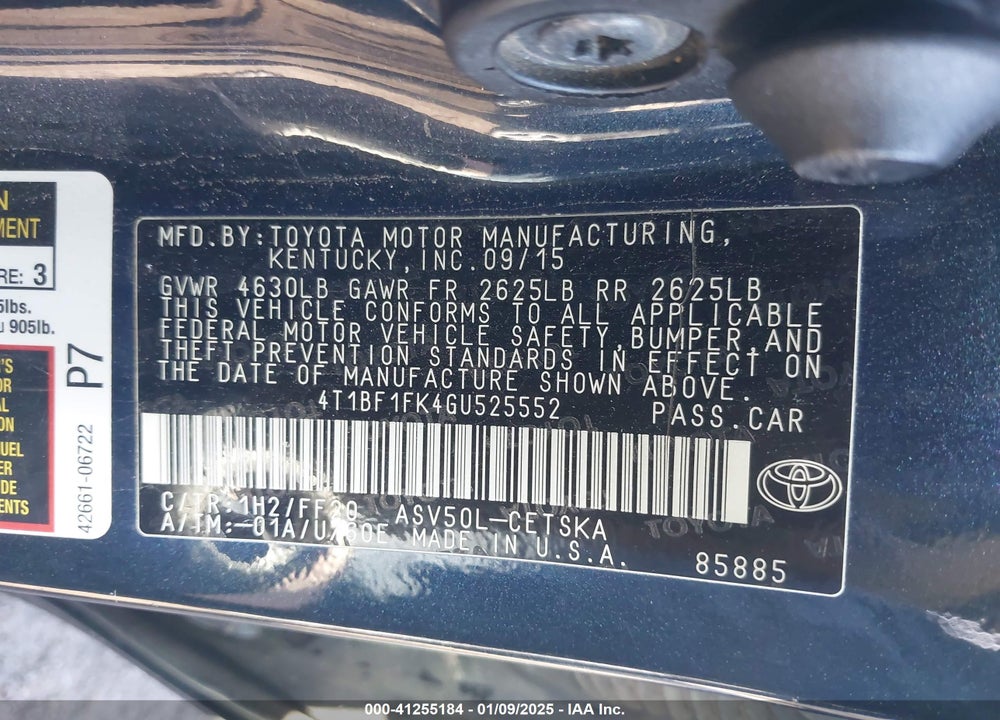 2016 TOYOTA CAMRY SE VIN: 4T1BF1FK4GU525552
