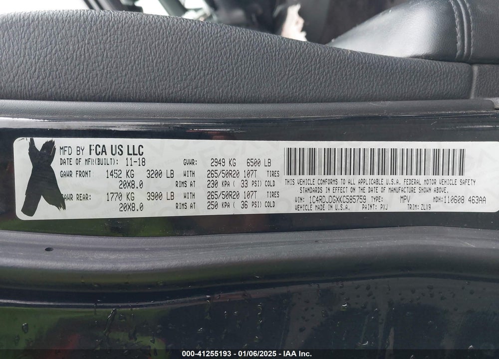 2019 DODGE DURANGO GT PLUS AWD VIN: 1C4RDJDGXKC585759