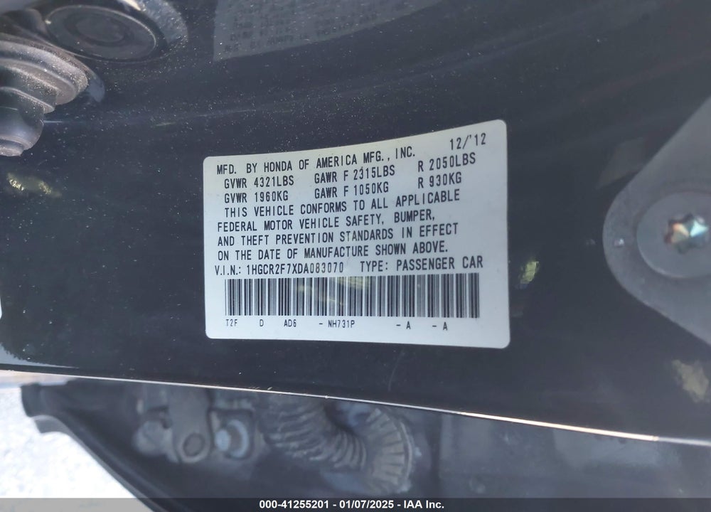 2013 HONDA ACCORD VIN: 1HGCR2F7XDA083070