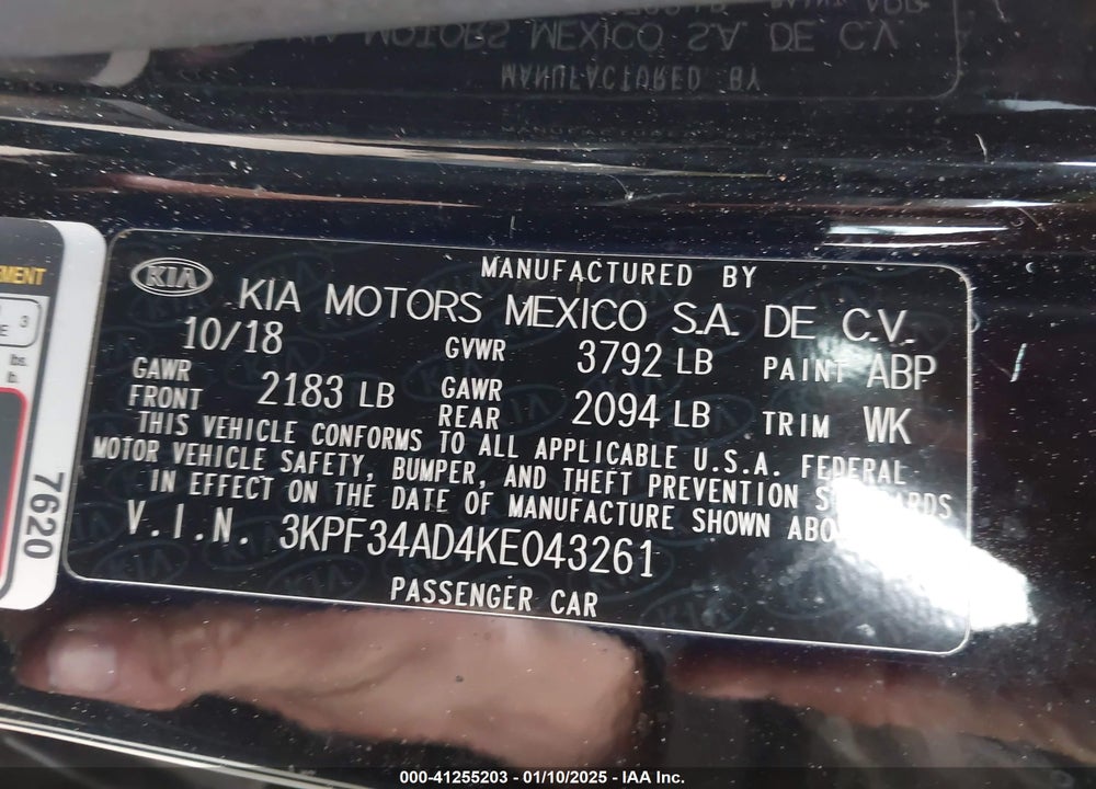 2019 KIA FORTE VIN: 3KPF34AD4KE043261