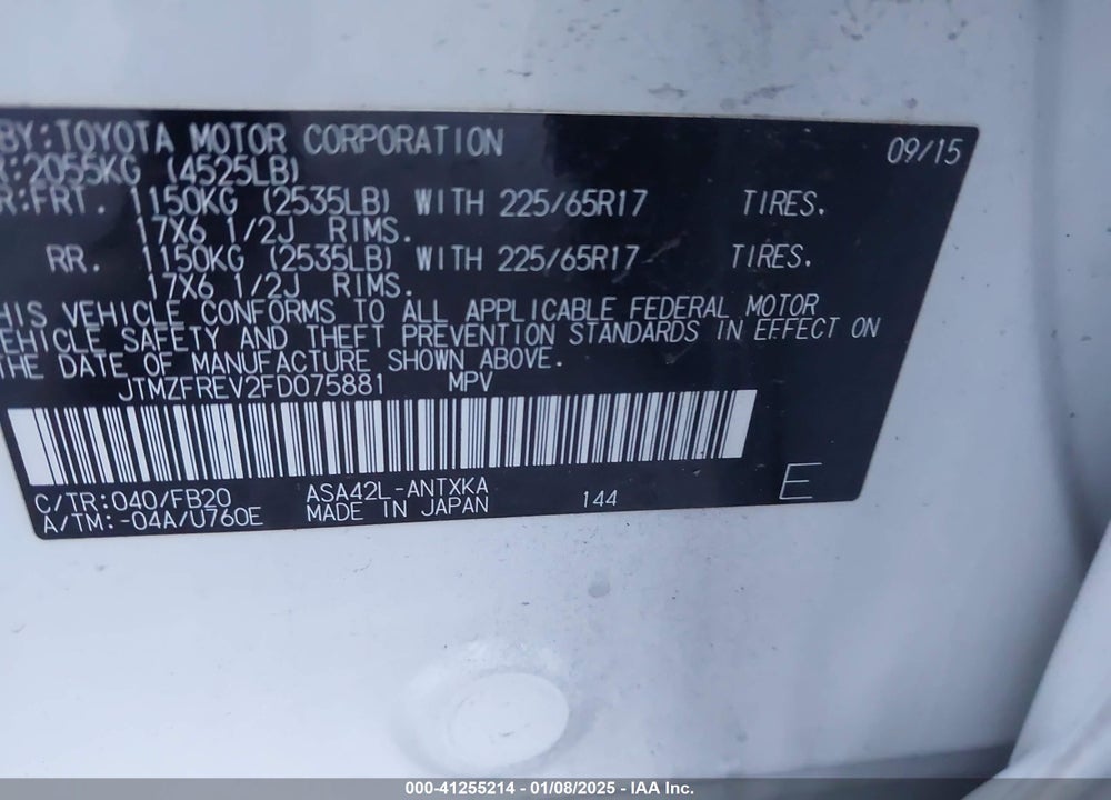 2015 TOYOTA RAV4 LE VIN: JTMZFREV2FD075881