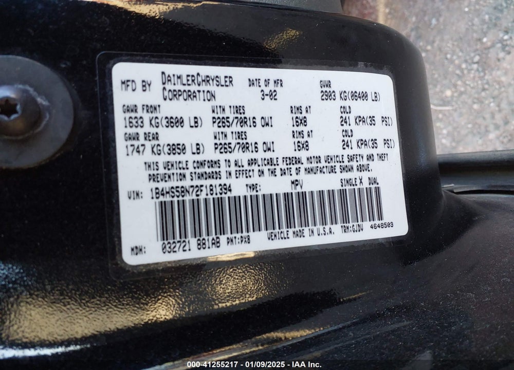 2002 DODGE DURANGO SLT PLUS VIN: 1B4HS58N72F181394