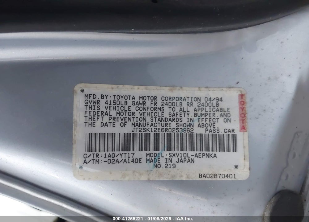 1994 TOYOTA CAMRY LE VIN: JT2SK12E6R0253962