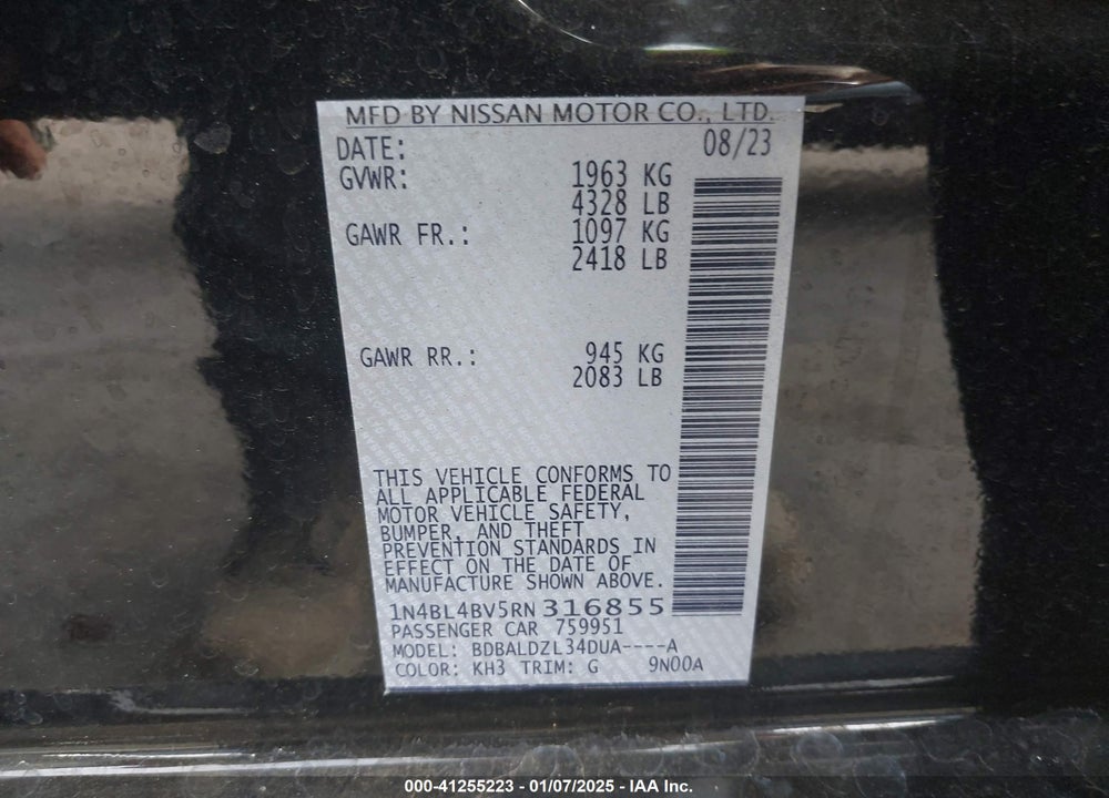 2024 NISSAN ALTIMA S FWD VIN: 1N4BL4BV5RN316855
