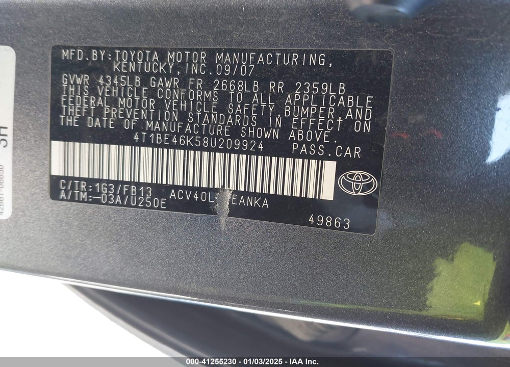 2008 TOYOTA CAMRY LE VIN: 4T1BE46K58U209924