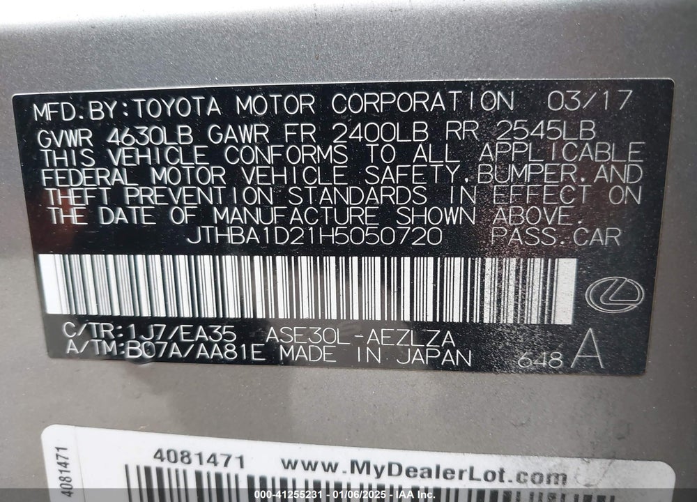 2017 LEXUS IS 200T VIN: JTHBA1D21H5050720
