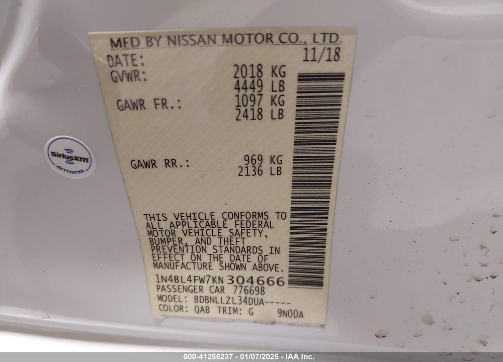 2019 NISSAN ALTIMA VIN: 1N4BL4FW7KN304666