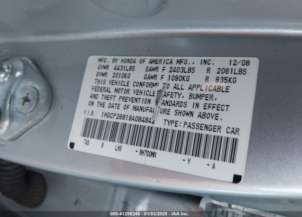 2009 HONDA ACCORD 2.4 EX-L VIN: 1HGCP26819A084842