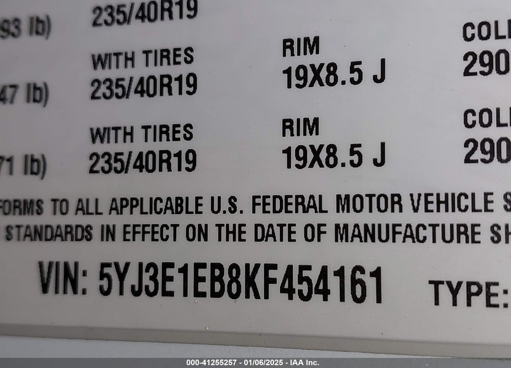 2019 TESLA MODEL 3 VIN: 5YJ3E1EB8KF454161