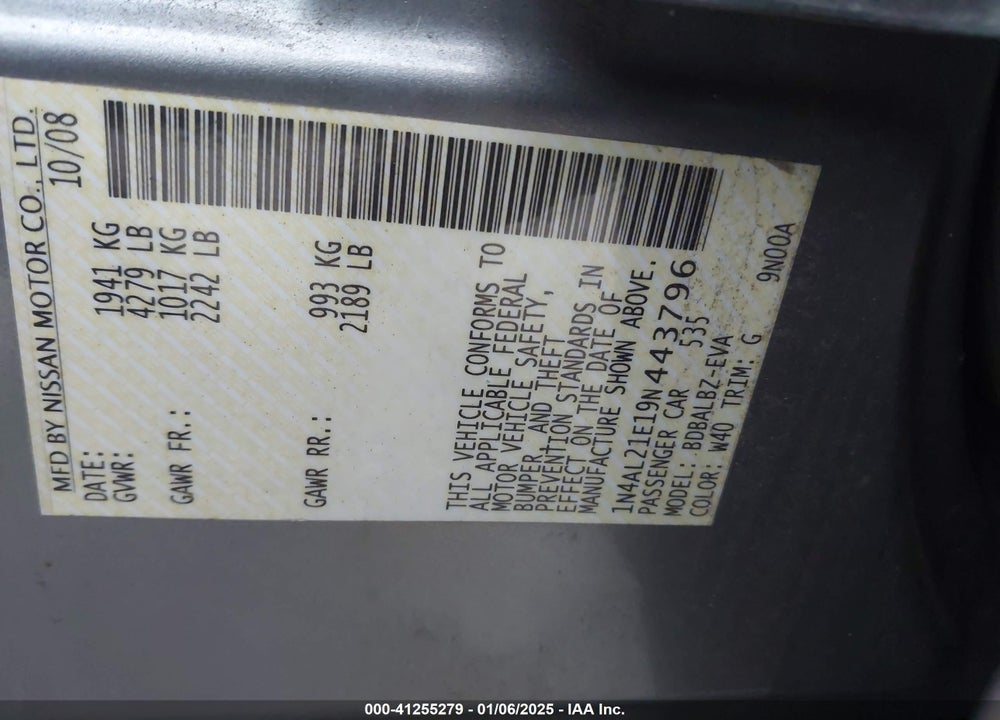 2009 NISSAN ALTIMA 2.5 S VIN: 1N4AL21E19N443796