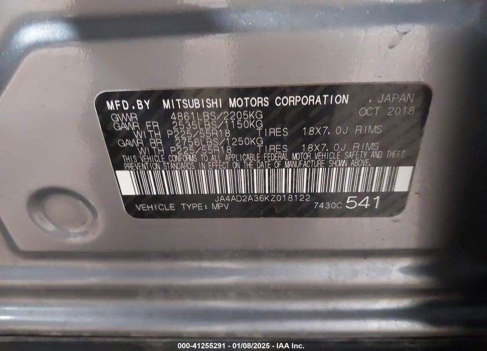 2019 MITSUBISHI OUTLANDER ES VIN: JA4AD2A36KZ018122