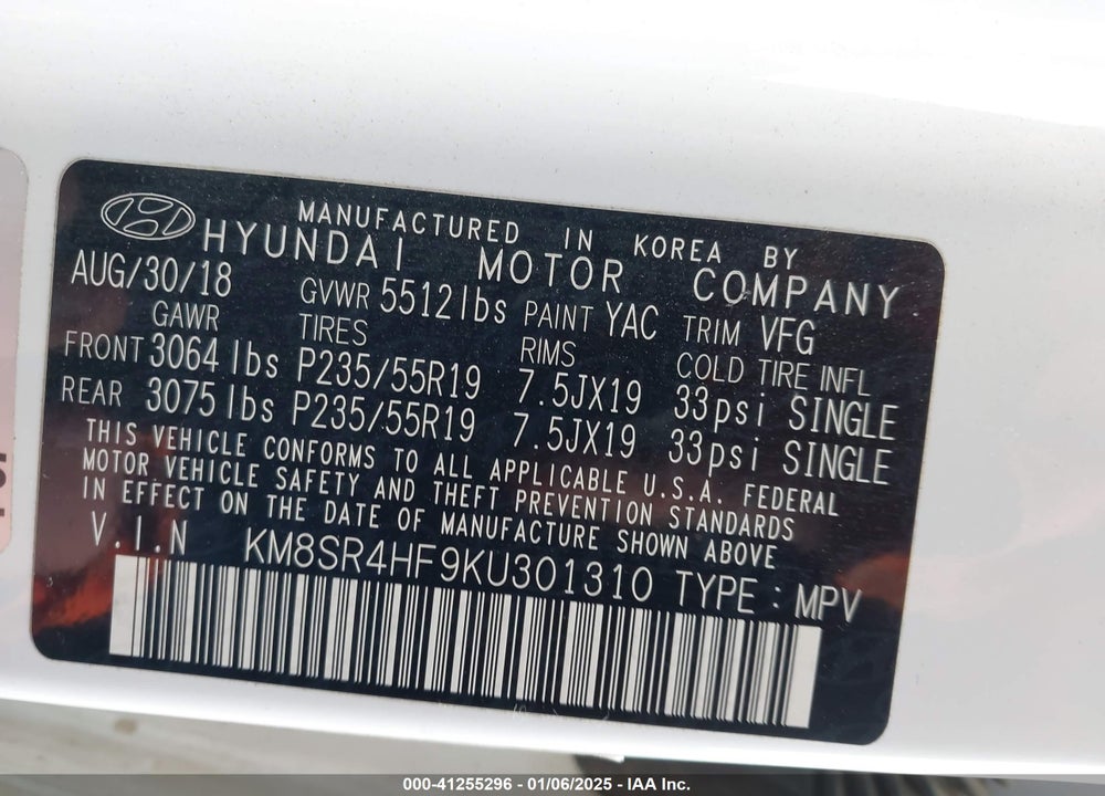 2019 HYUNDAI SANTA FE XL LIMITED ULTIMATE VIN: KM8SR4HF9KU301310