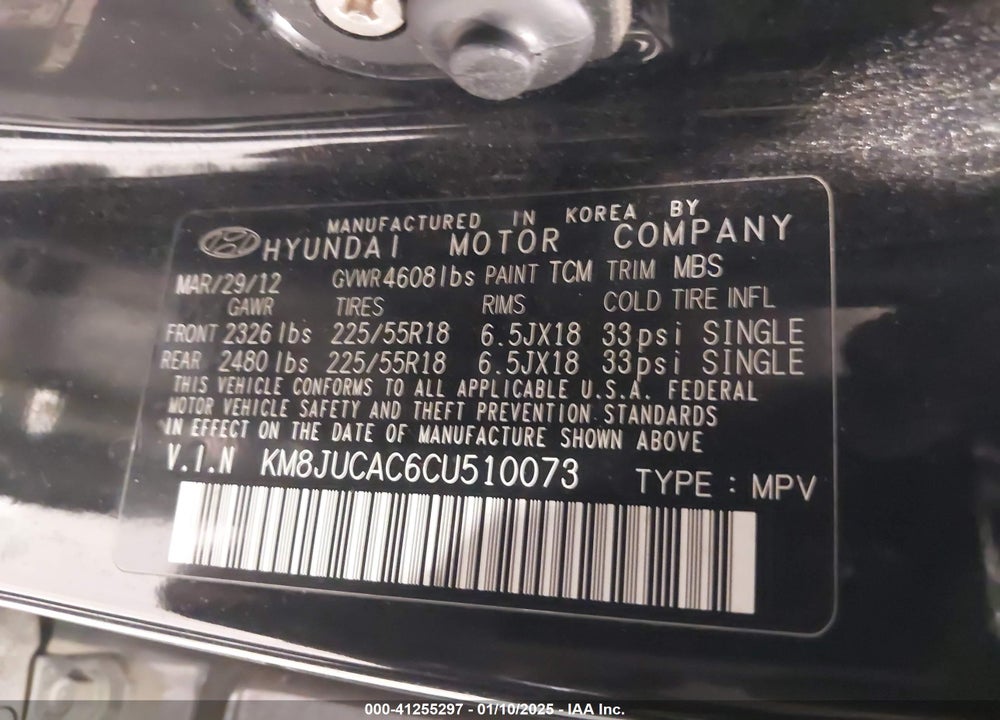 2012 HYUNDAI TUCSON LIMITED VIN: KM8JUCAC6CU510073