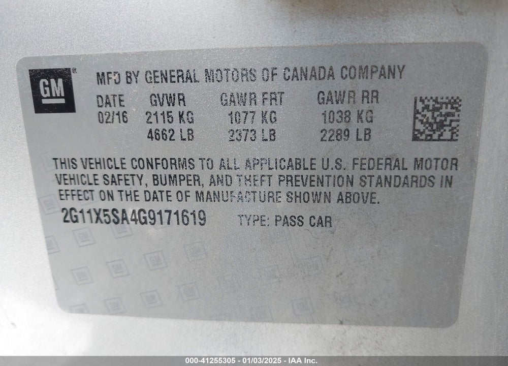 2016 CHEVROLET IMPALA 1FL VIN: 2G11X5SA4G9171619
