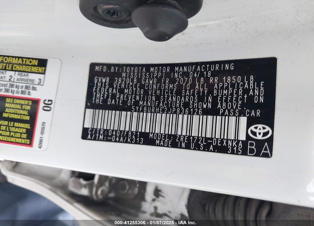 2018 TOYOTA COROLLA LE VIN: 5YFBURHE2JP836126