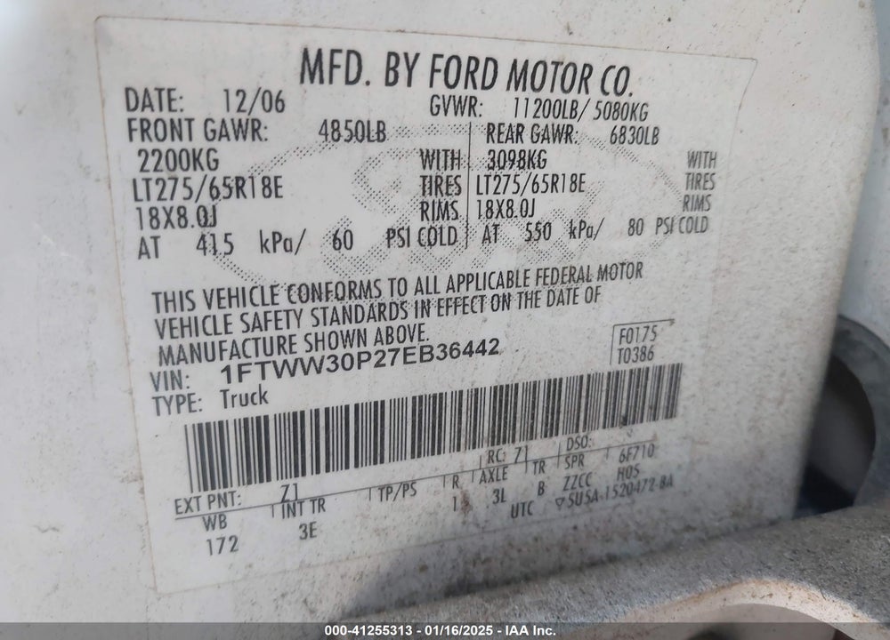 2007 FORD F 350 VIN: 1FTWW30P27EB36442