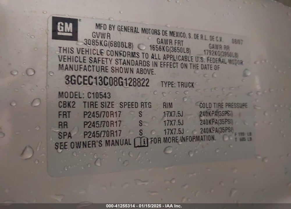 2008 CHEV SILVERADO 1500 LT1 C VIN: 3GCEC13C08G128822
