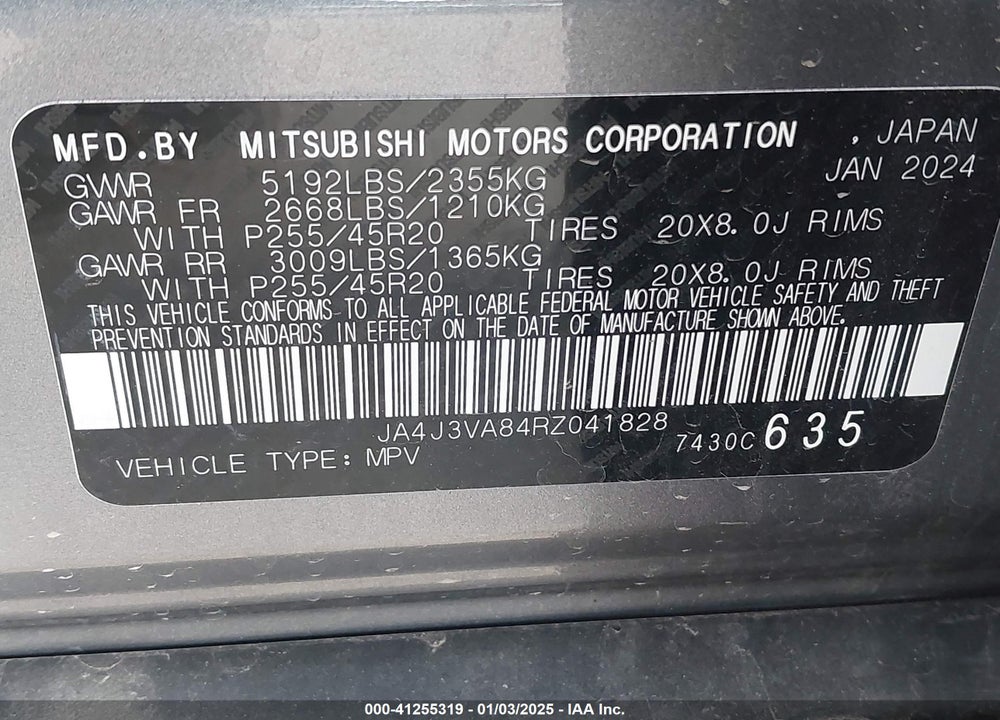 2024 MITSUBISHI OUTLANDER SE 2.5 2WD/SE BLACK EDITION S-AWC/SE BLACK EDITION W/PANO ROOF S-AWC VIN: JA4J3VA84RZ041828