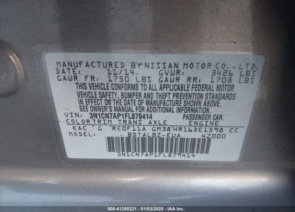 2015 NISSAN VERSA 1.6 SV VIN: 3N1CN7AP1FL879414