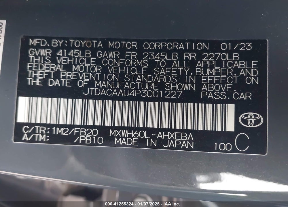 2023 TOYOTA PRIUS VIN: JTDACAAU4P3001227