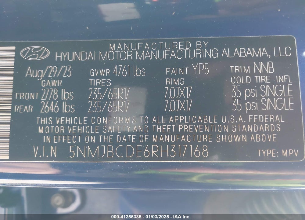 2024 HYUNDAI TUCSON SEL VIN: 5NMJBCDE6RH317168