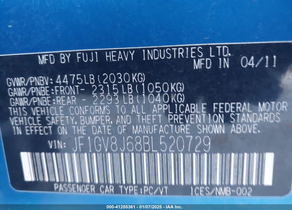 2011 SUBARU IMPREZA WRX STI VIN: JF1GV8J68BL520729
