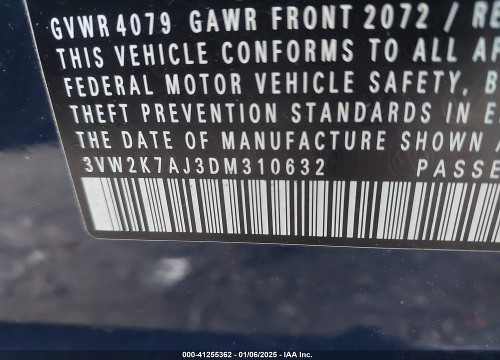 2013 VOLKSWAGEN JETTA 2.0L S VIN: 3VW2K7AJ3DM310632