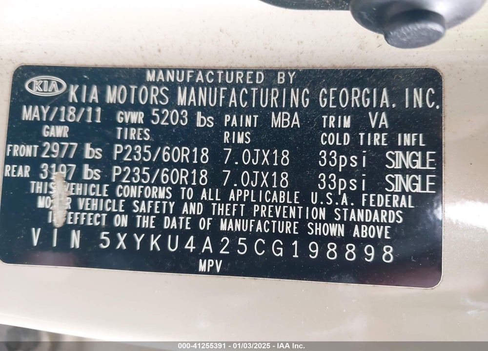 2012 KIA SORENTO EX V6 VIN: 5XYKU4A25CG198898