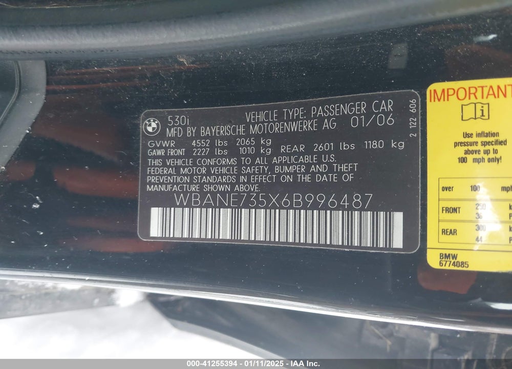2006 BMW 530 VIN: WBANE735X6B996487