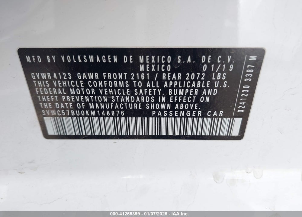 2019 VOLKSWAGEN JETTA VIN: 3VWC57BU0KM148976