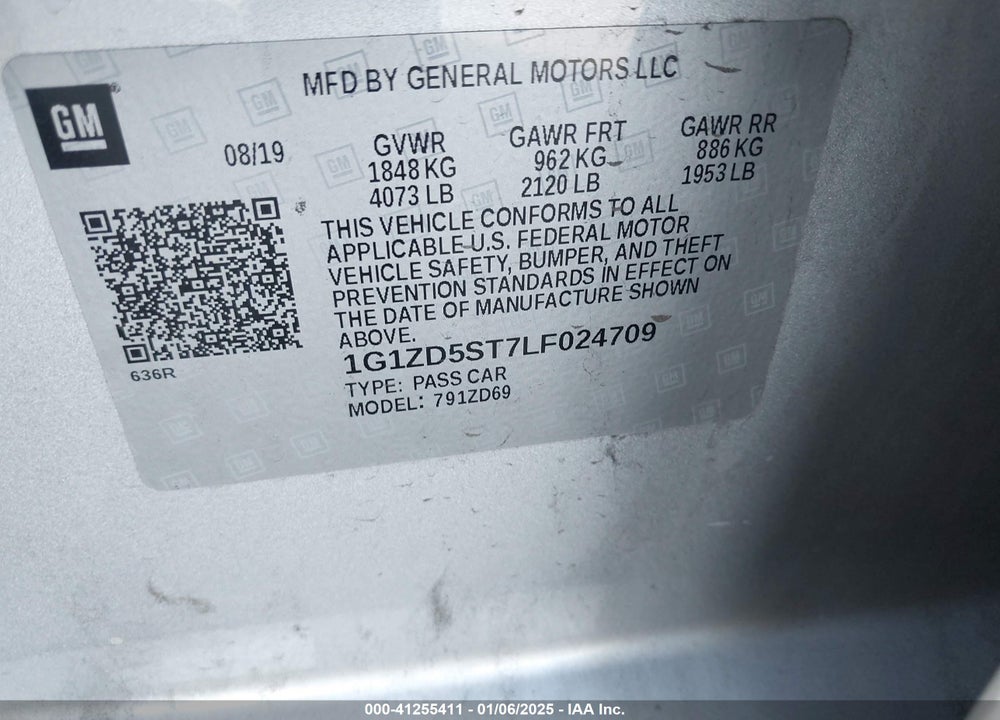 2020 CHEVROLET MALIBU VIN: 1G1ZD5ST7LF024709