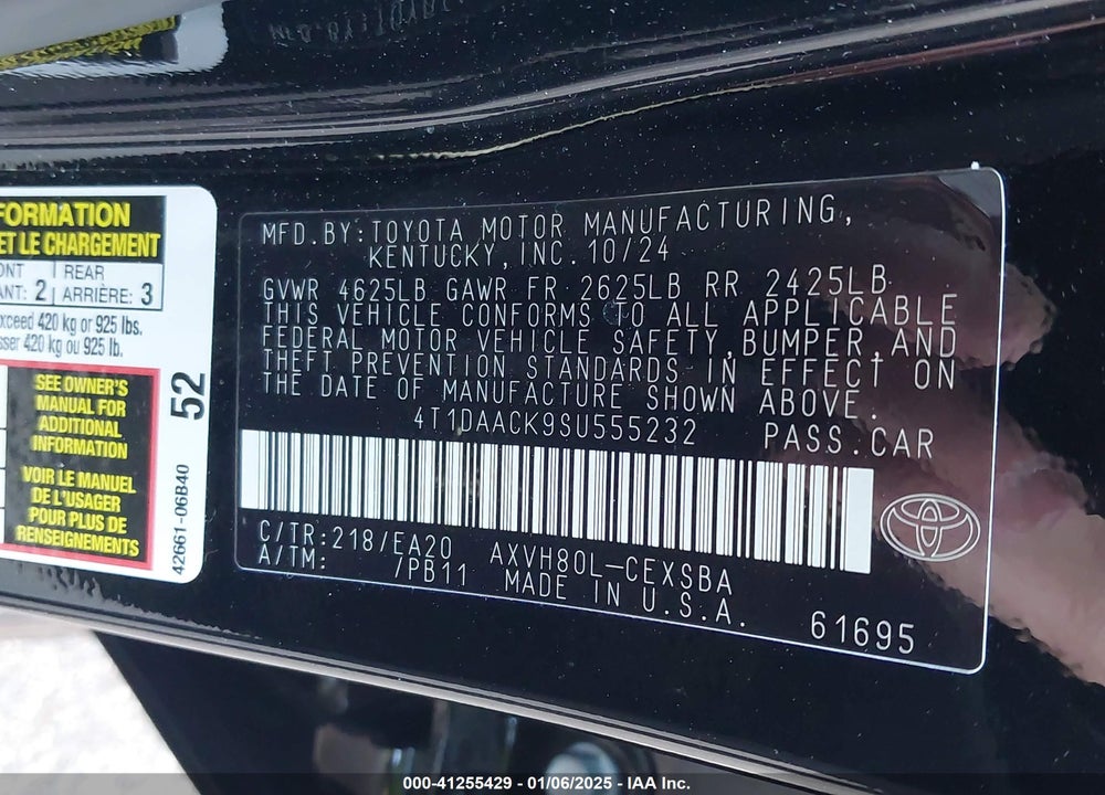 2025 TOYOTA CAMRY VIN: 4T1DAACK9SU555232