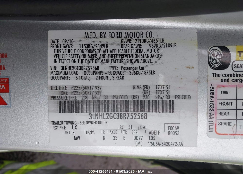 2011 LINCOLN MKZ VIN: 3LNHL2GC3BR752568
