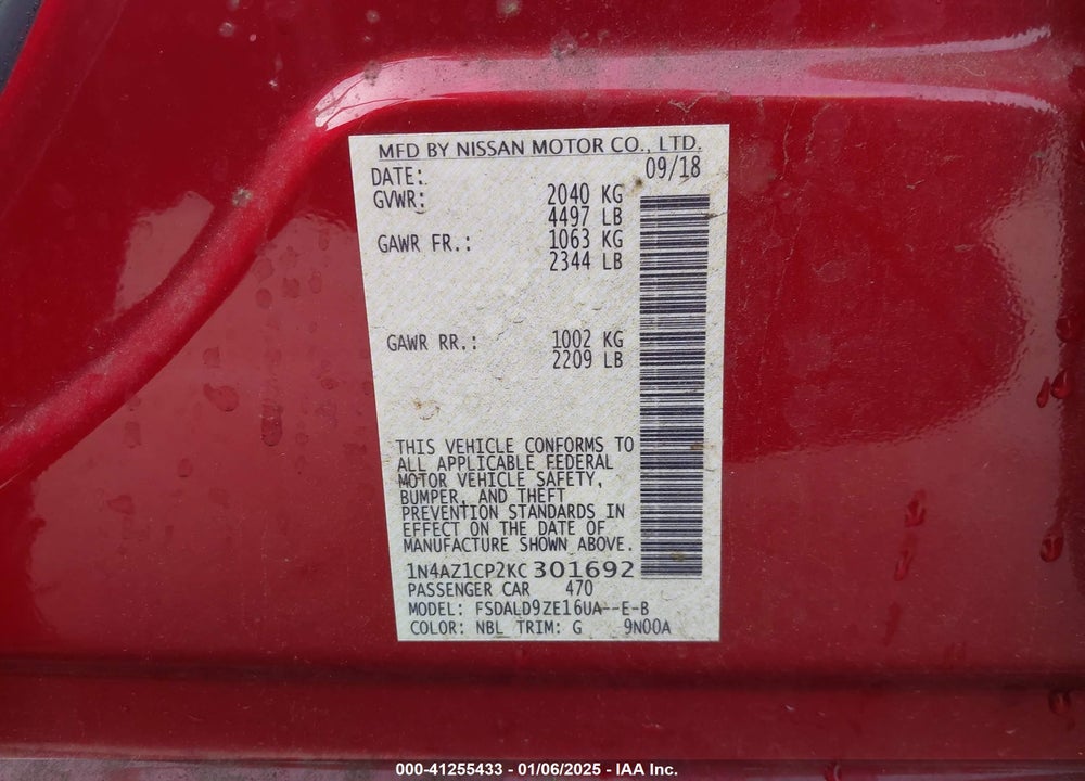 2019 NISSAN LEAF VIN: 1N4AZ1CP2KC301692