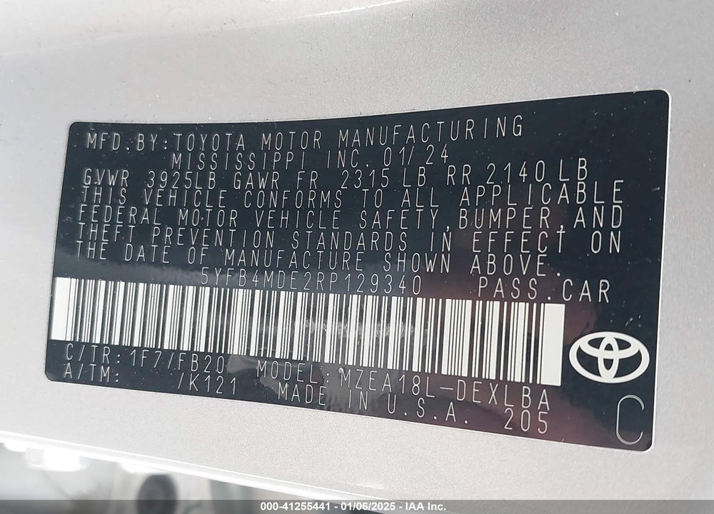 2024 TOYOTA COROLLA VIN: 5YFB4MDE2RP129340