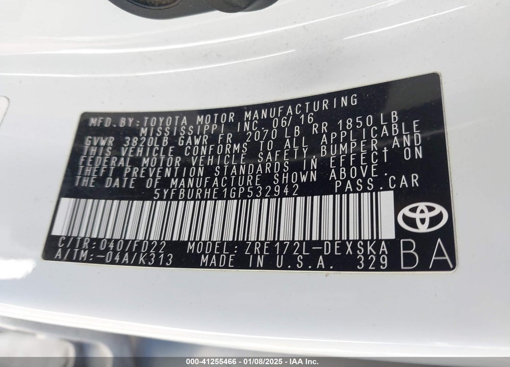 2016 TOYOTA COROLLA S PLUS VIN: 5YFBURHE1GP532942