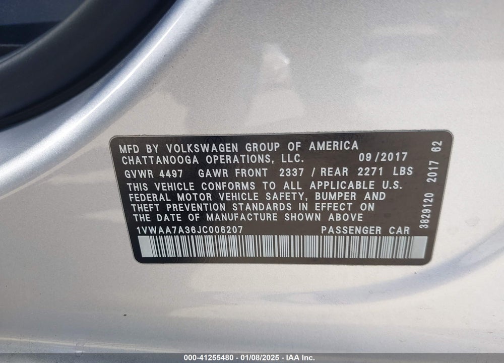 2018 VOLKSWAGEN PASSAT VIN: 1VWAA7A36JC006207