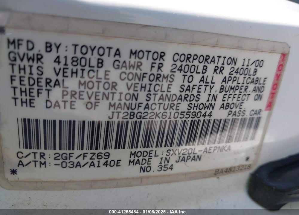 2001 TOYOTA CAMRY LE VIN: JT2BG22K610559044