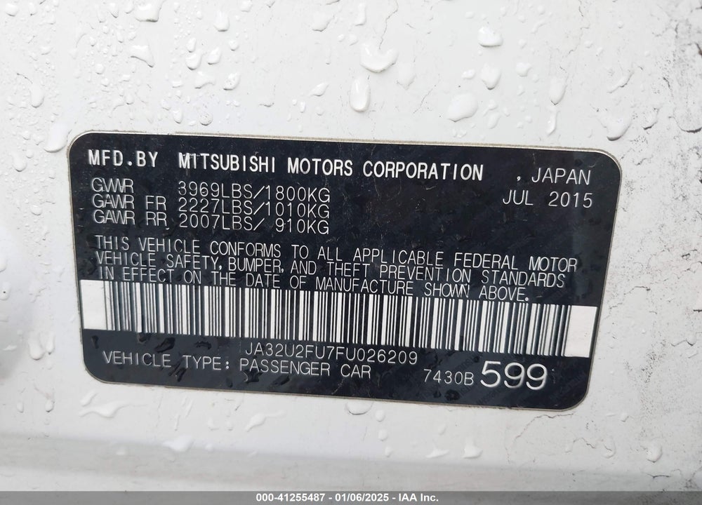 2015 MITSUBISHI LANCER VIN: JA32U2FU7FU026209