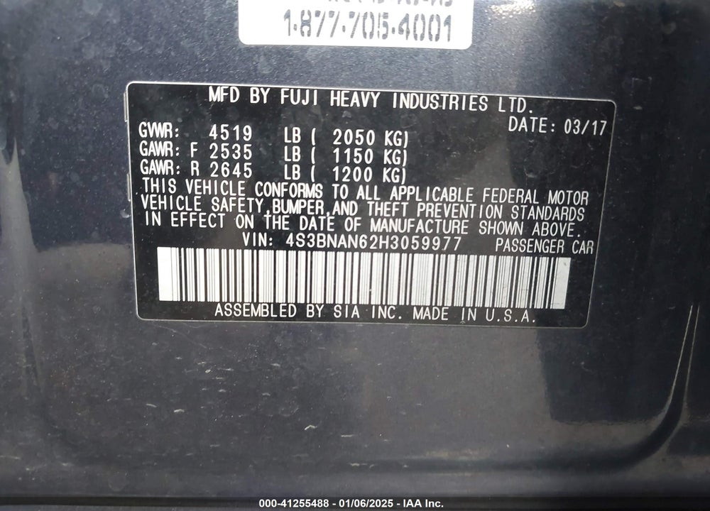 2017 SUBARU LEGACY 2.5I LIMITED VIN: 4S3BNAN62H3059977