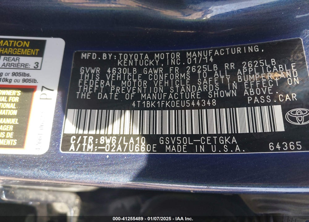 2014 TOYOTA CAMRY VIN: 4T1BK1FK0EU544348